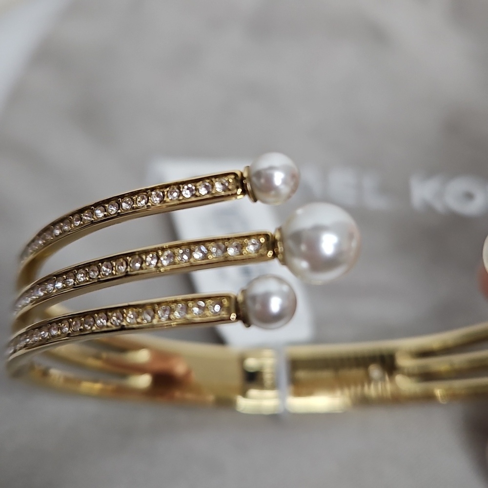 Michael Kors Gold Tone Pearl & Crystal Hinge Bracelet w/ Tags - Picture 7 of 8